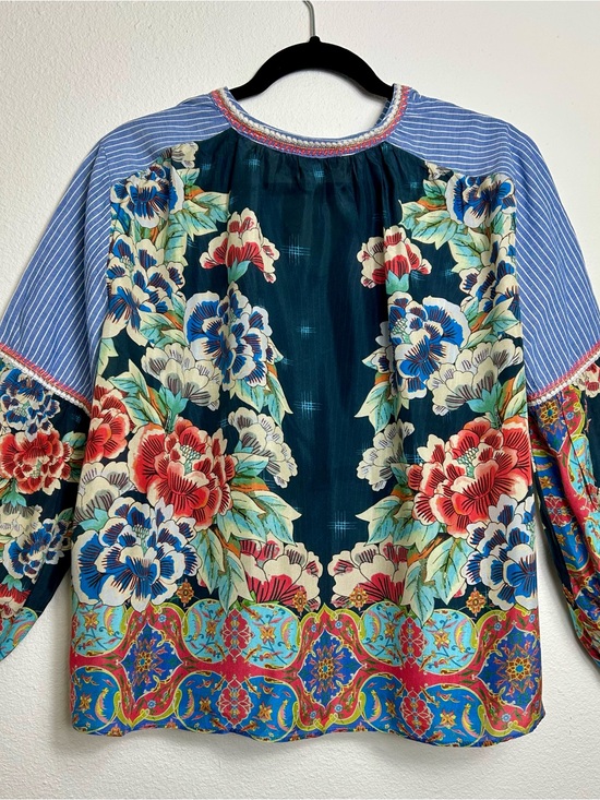 Johnny Was Tops - Johnny Was Workshop Mixed Media Floral Silk Boho Blouse Top S